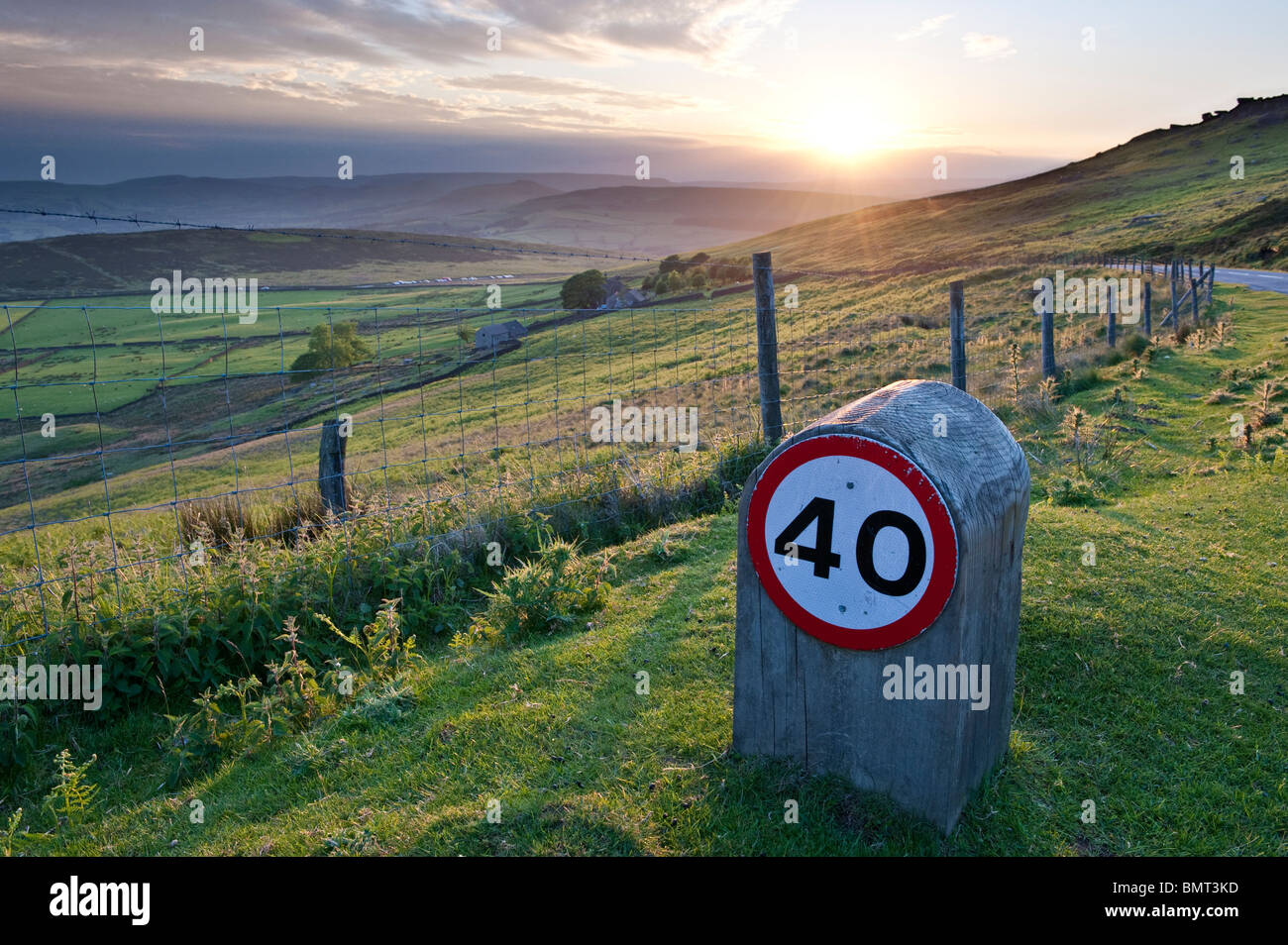 40 mph speed restriction across moorland roads Stock Photo