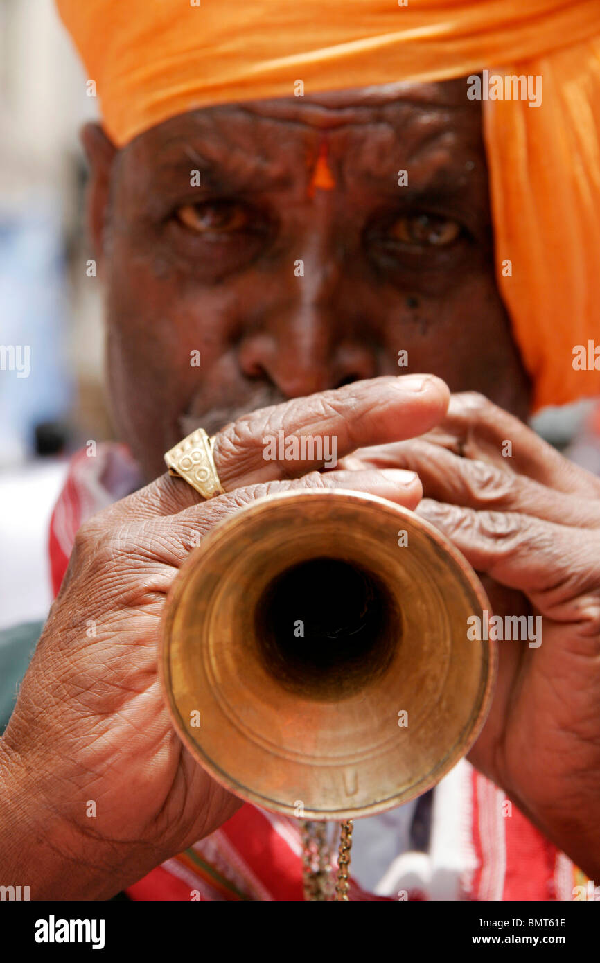 Indian musical instrument called 'shehnai' played during immersion festival of lord Ganesh ; Pune; Maharashtra ; India Stock Photo