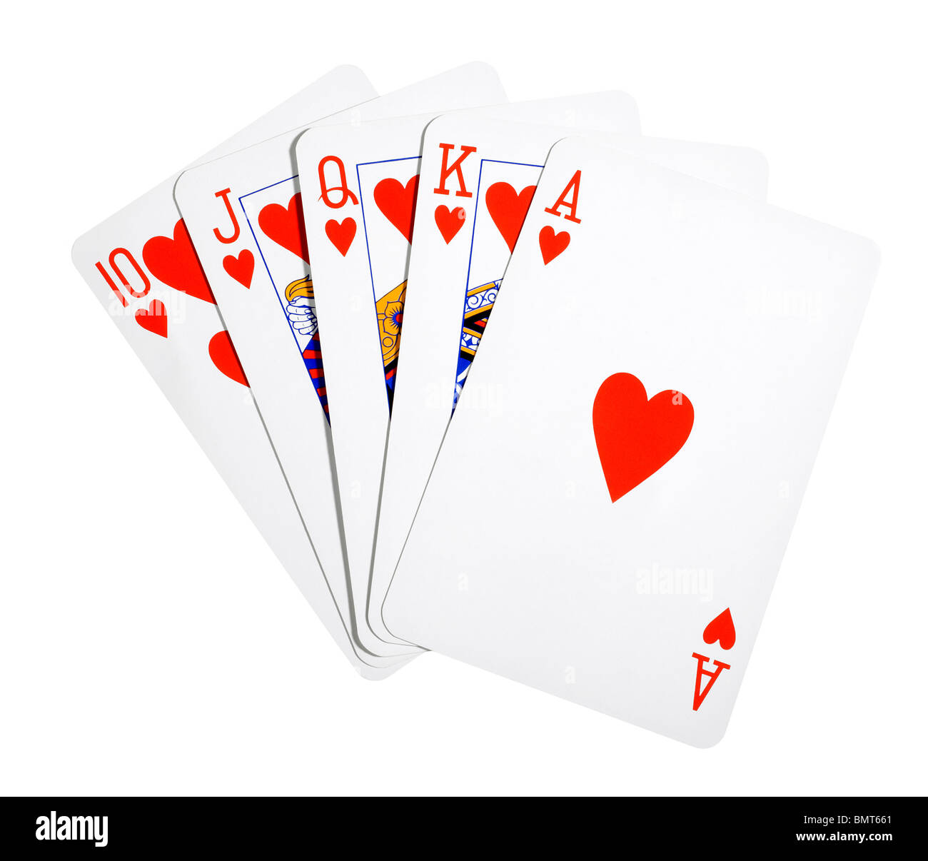 Open hand of playing cards showing Royal Flush in poker Stock Photo