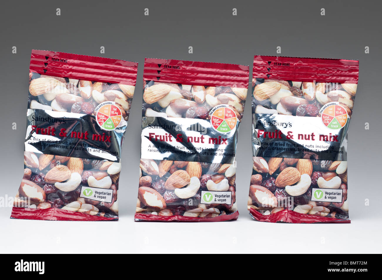 Three packets of Sainsbury's fruit and nut mix Stock Photo