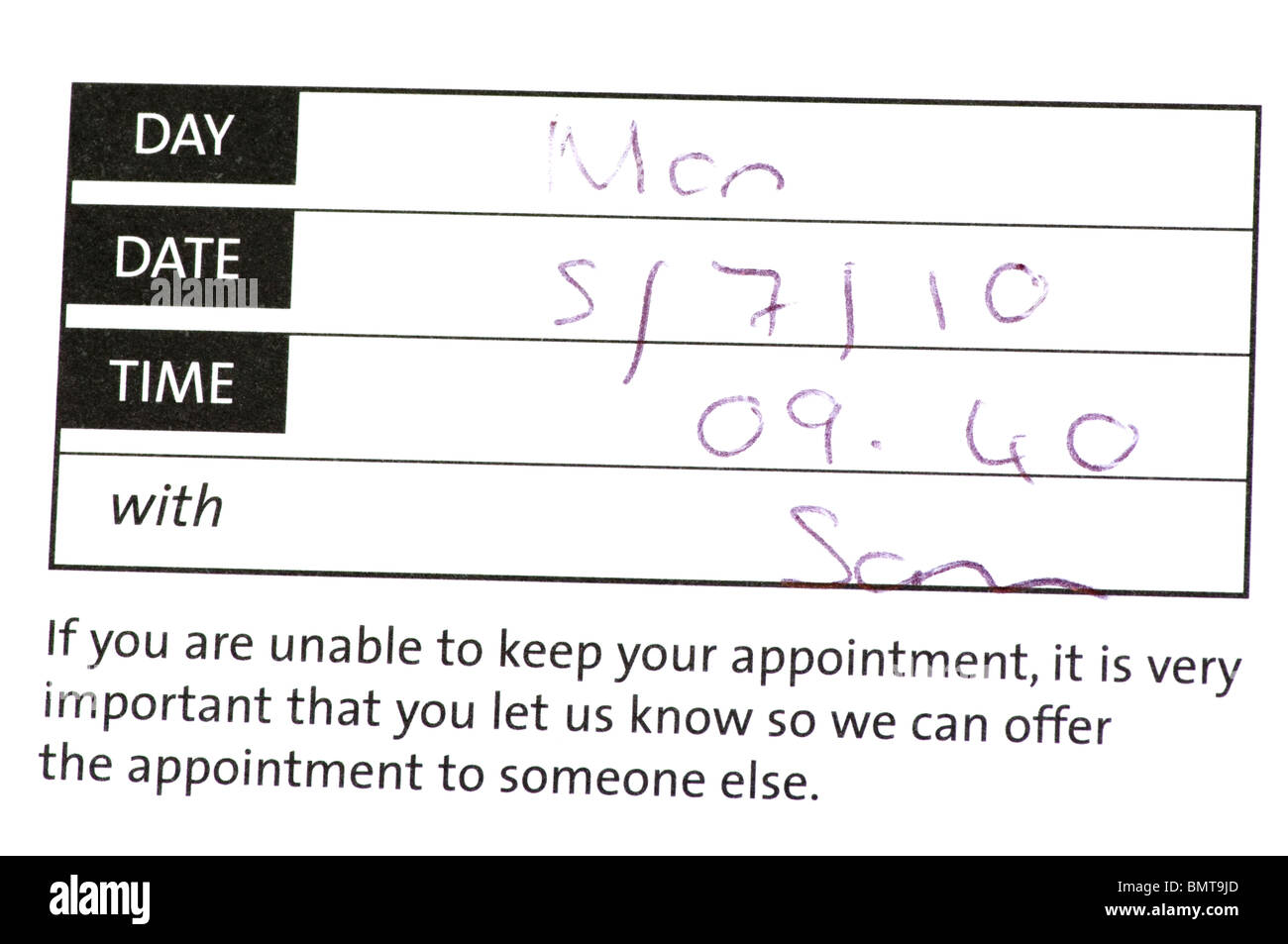 A Doctors Appointment Card Stock Photo