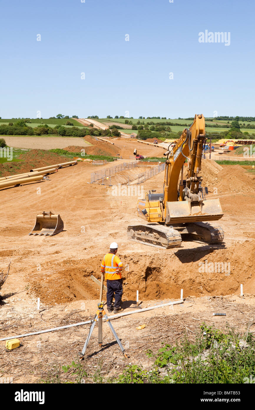 National Grid natural gas pipeline being laid, seen here crossing the Cotswolds near Syreford, Gloucestershire Stock Photo