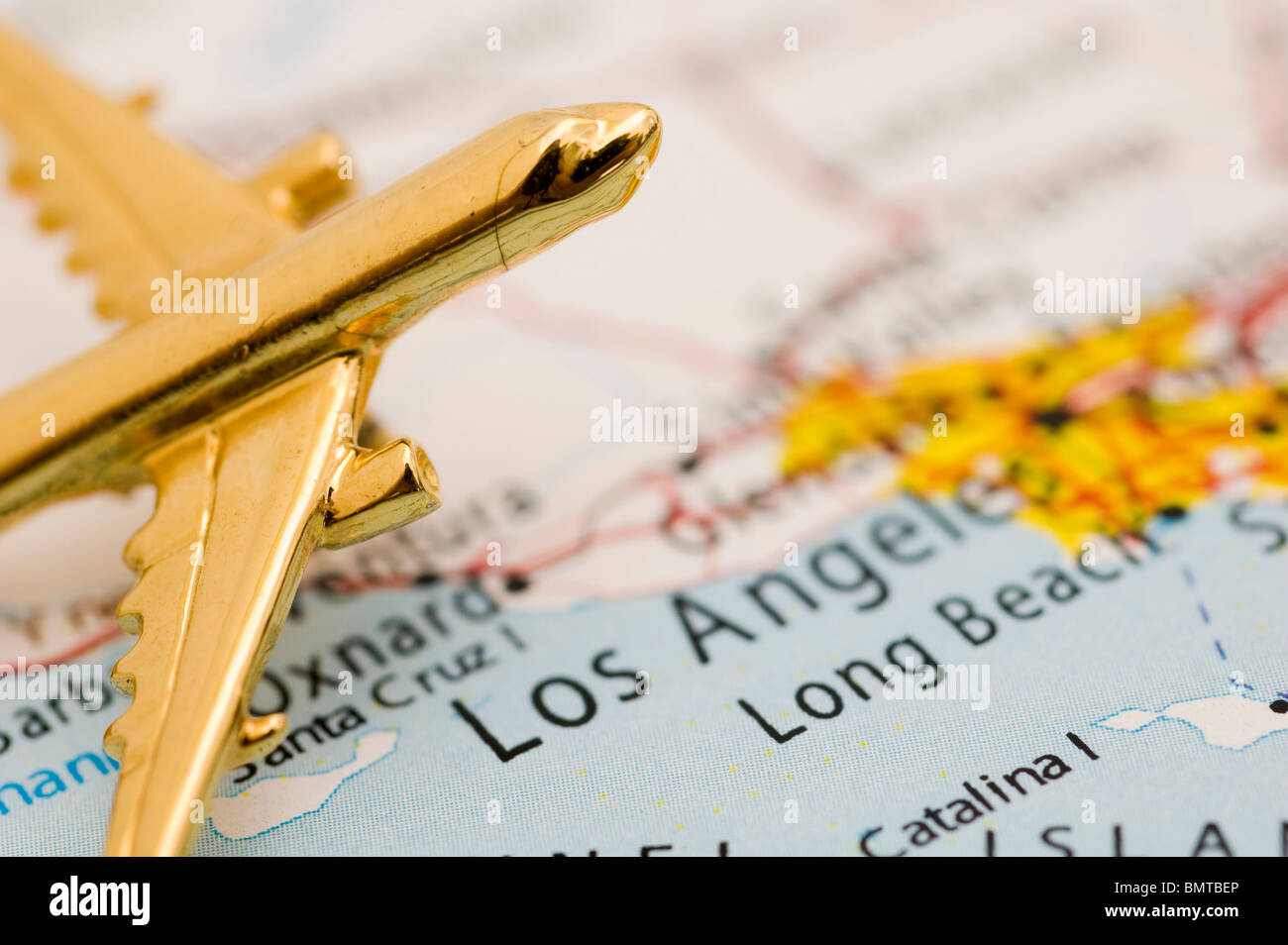 Plane Over Los Angeles California Map. Stock Photo