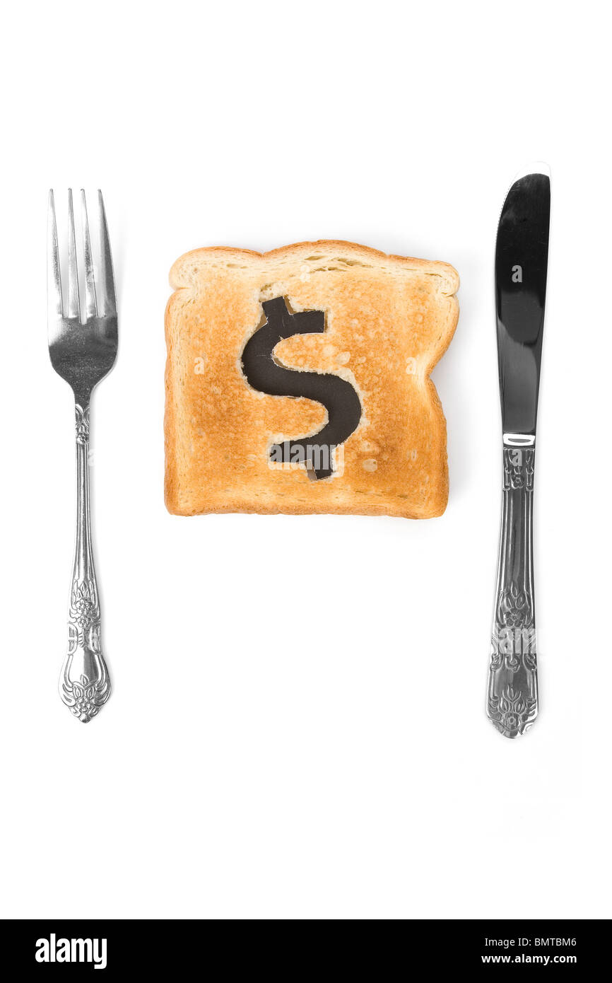bread slice with dollar sign, concept high price of food or food for business Stock Photo