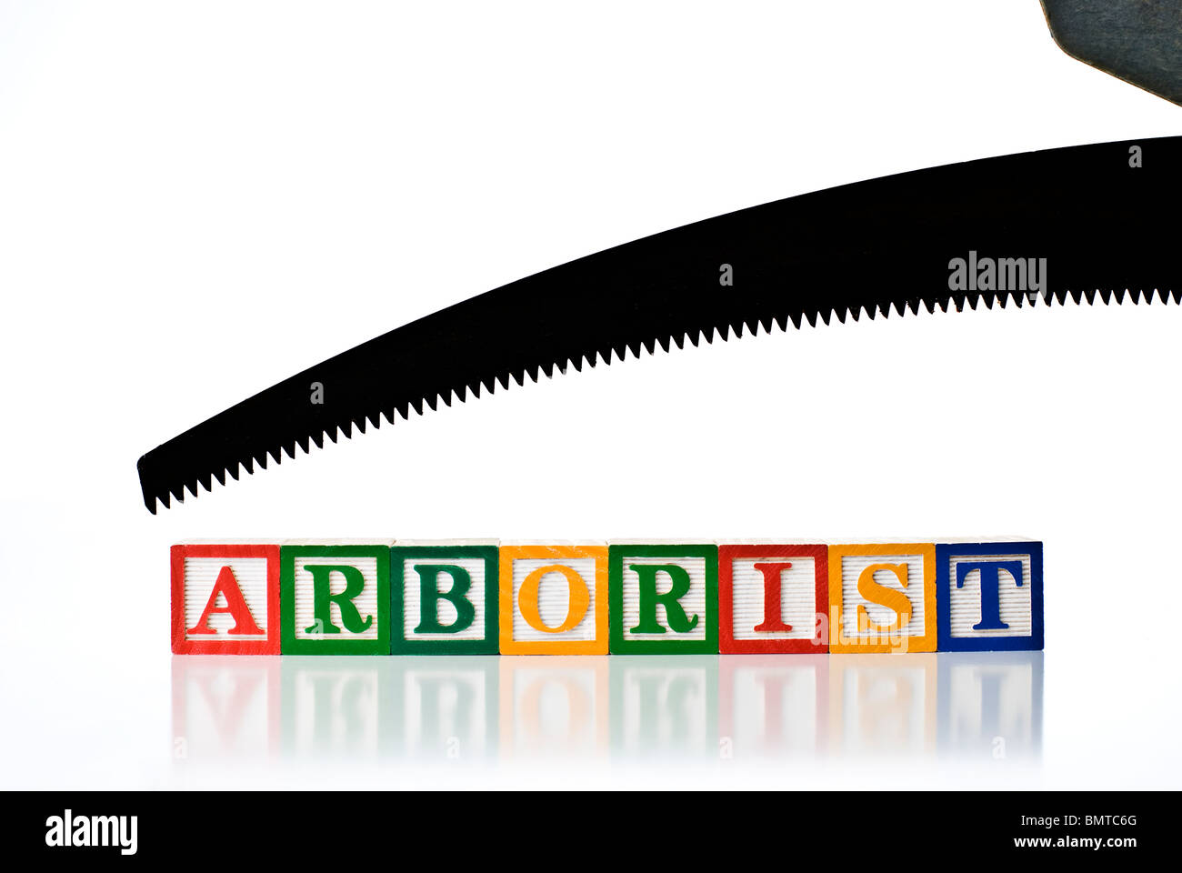 Colorful children's blocks spelling ARBORIST with a tree trimming saw Stock Photo