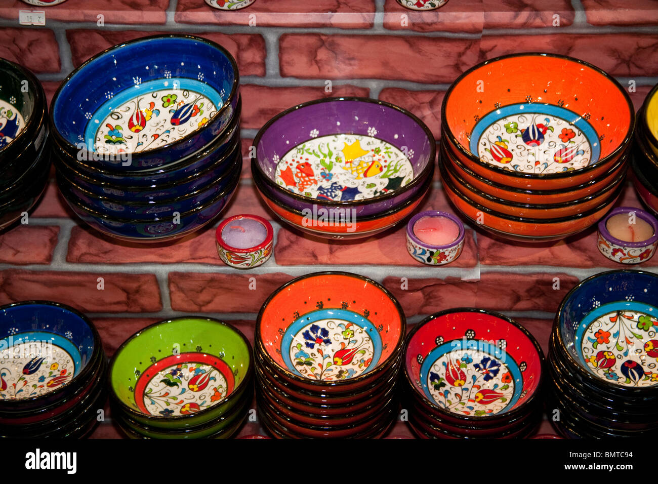 Colourful ceramic pottery bowls for sale in the Grand Bazaar, Istanbul