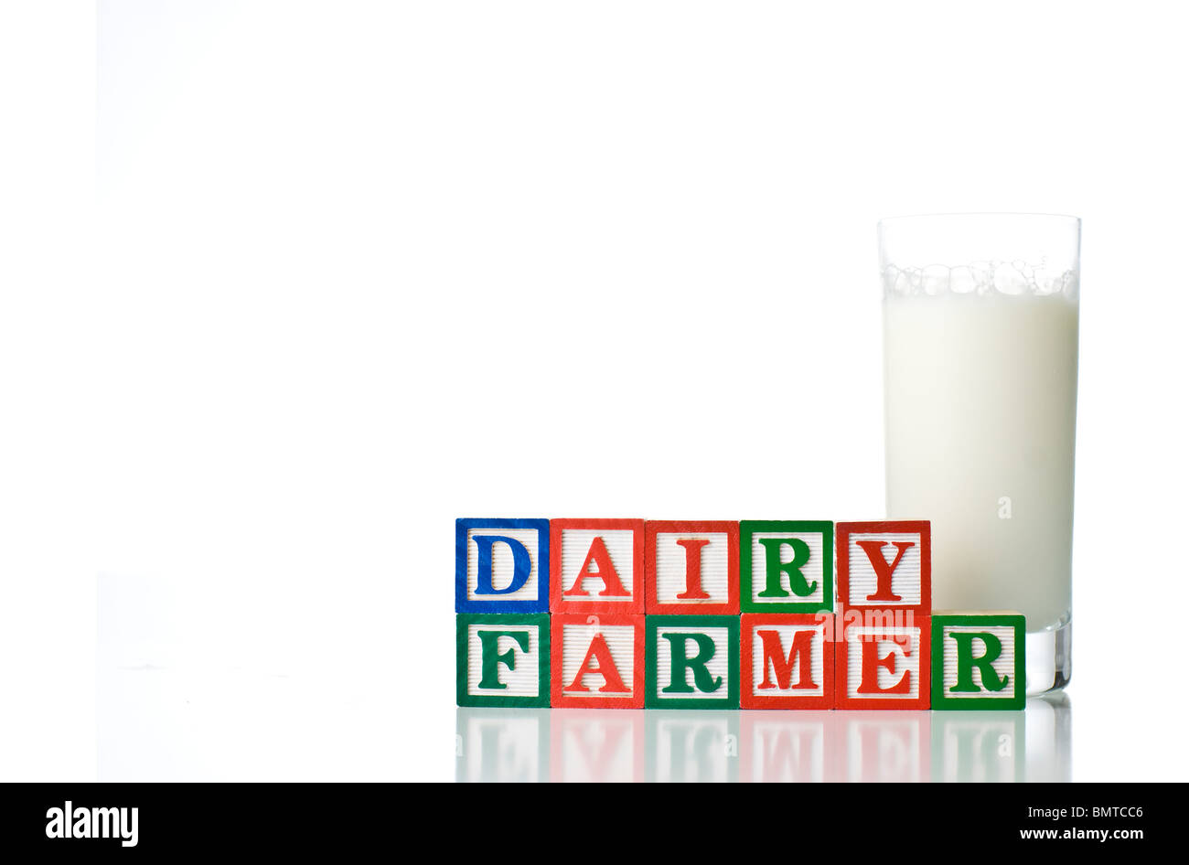 Colorful children's blocks spelling DAIRY FARMER with glass of milk Stock Photo Alamy