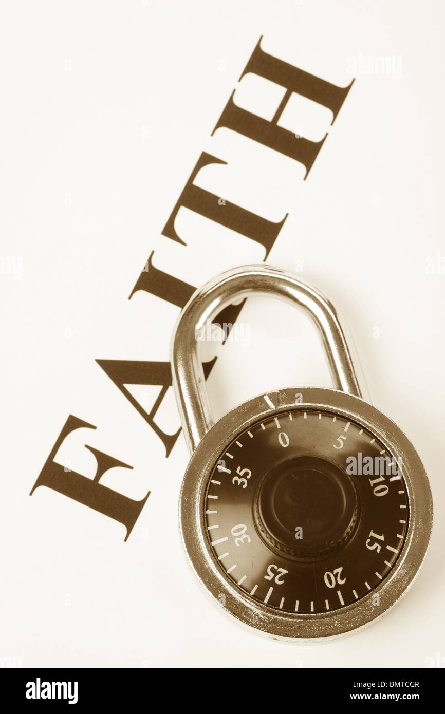 headline faith and lock, concept of religion belief, faithfulness Stock Photo