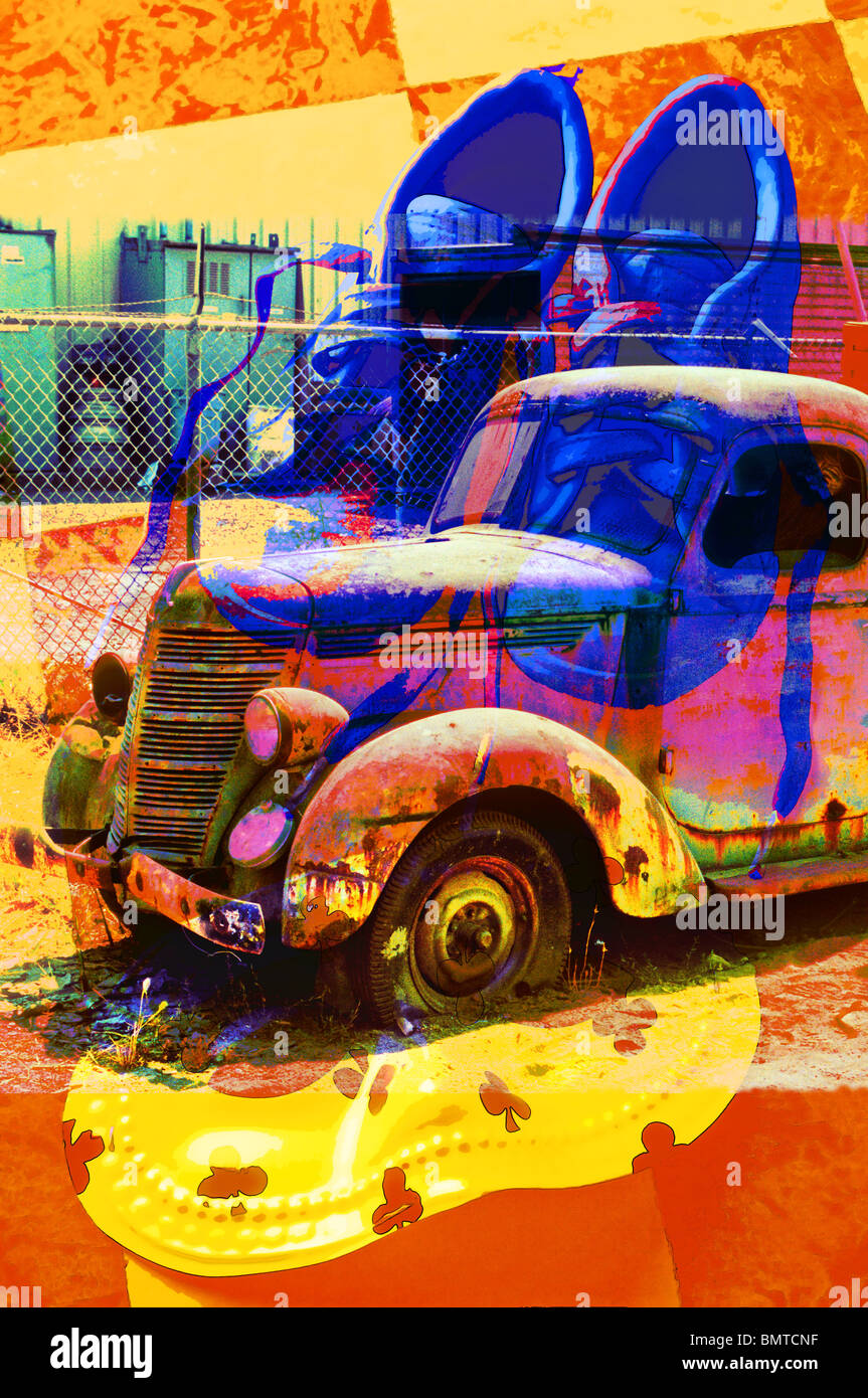 Kids blue shoes and mask with old truck composite Stock Photo