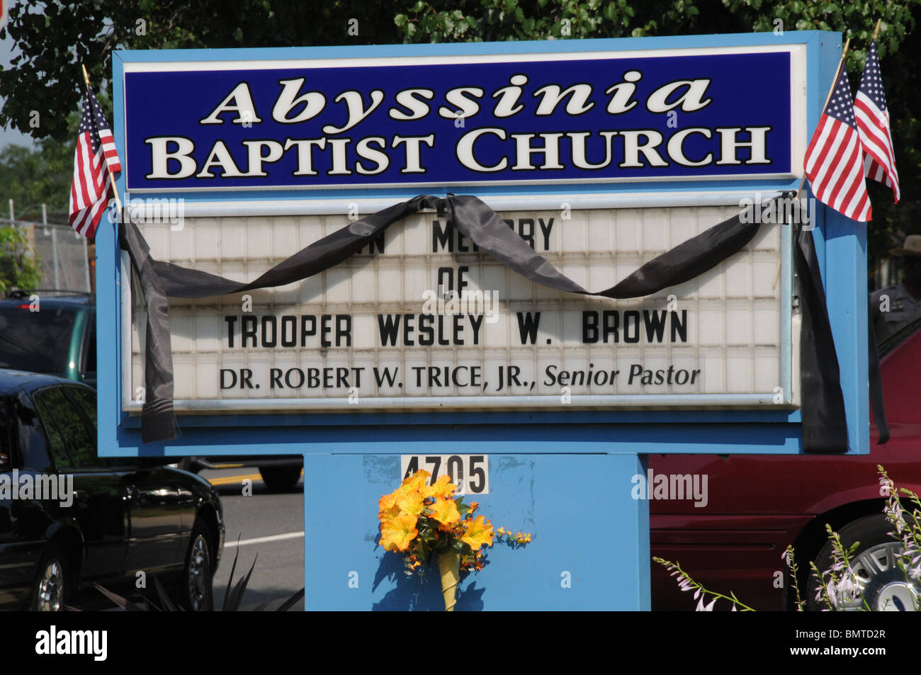 A church in  Fairmont Heights, Maryland sign remembers the Maryland State Trooper who was gunned down outside a restaurant in Md Stock Photo