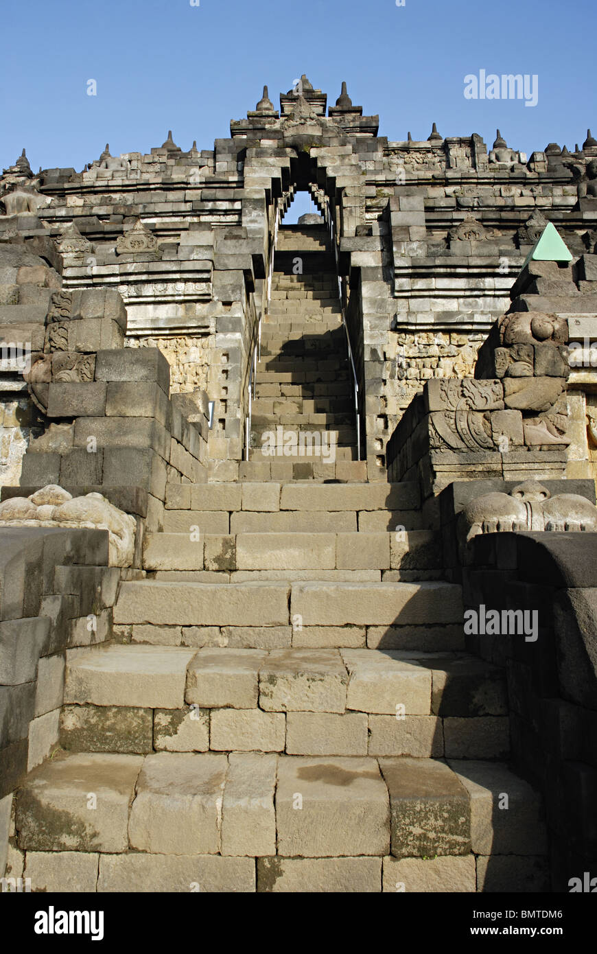 Indonesia-Java-Borobudur, Stairway with arches leading to the main Stupa Stock Photo