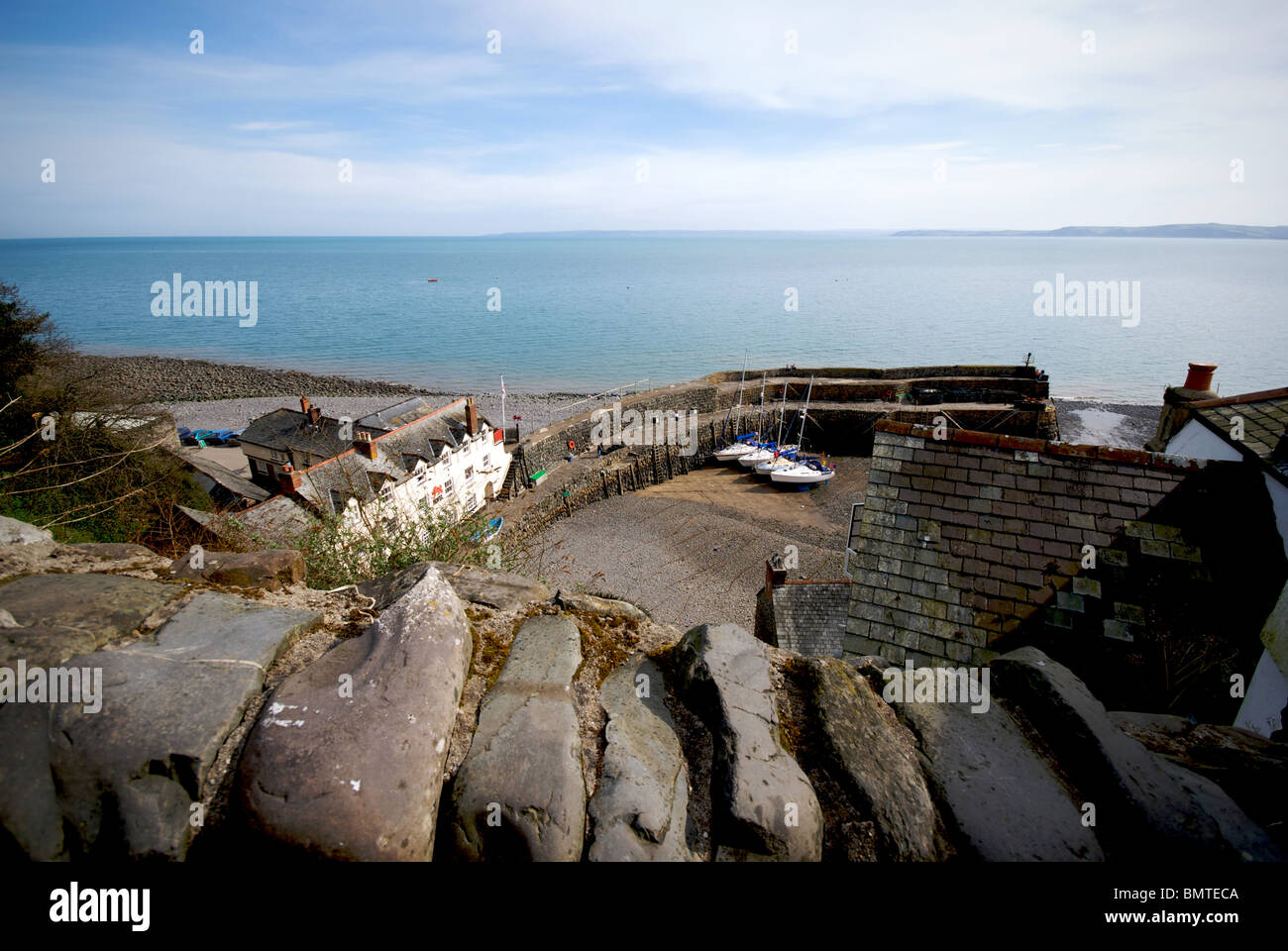 Clovelly Devon UK Harbor Harbour Red Lion Hotel Boat Cobbled Street Stock Photo