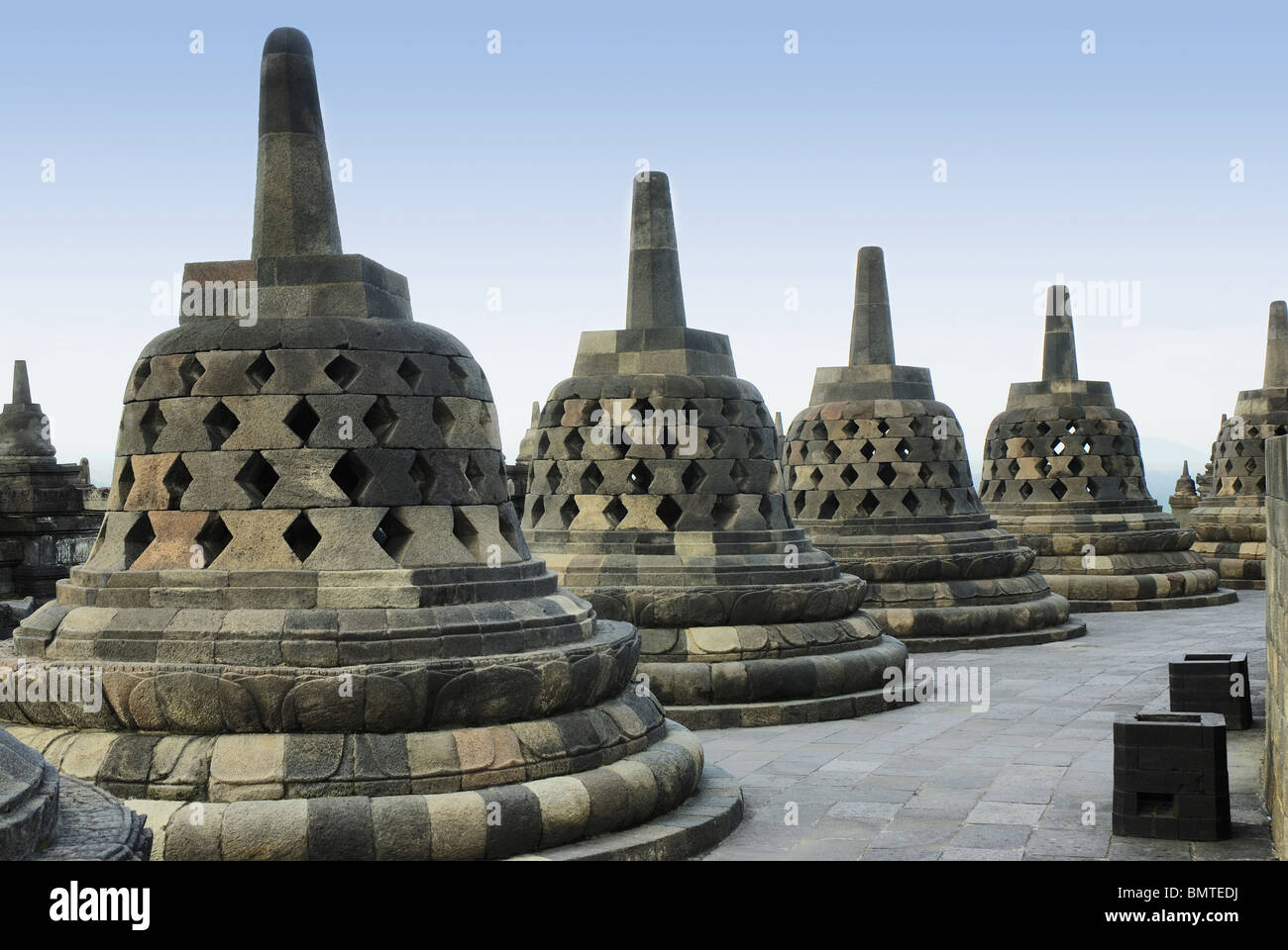 Indonesia-Java-Borobudur, general-View of perforated Stupa’s. Stock Photo