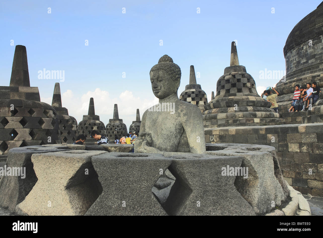 Indonesia-Java-Borobudur, General-View of Buddha in Padmasana  in one of the perforated Stupa. Stock Photo