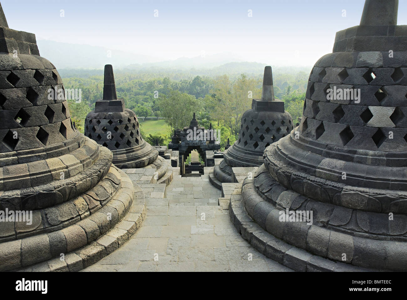 Indonesia-Java-Borobudur, general-View of the perforated Stupa’s, picture showing the entrance staircase. Stock Photo