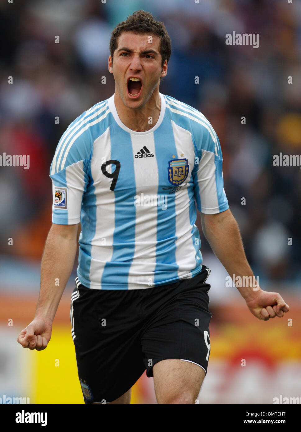 Gonzalo Higuain of Argentina celebrates after scoring a goal against South Korea during a 2010 FIFA World Cup football match. Stock Photo