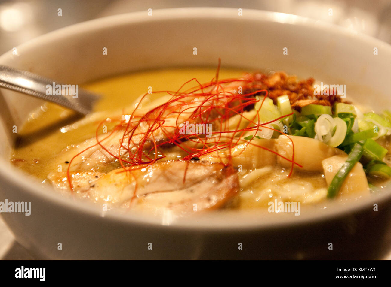 Bowls of ramen noodles in ramen restaurant /bars, in Tokyo, Japan
