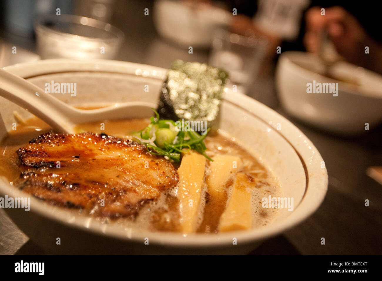 Bowls of ramen noodles in ramen restaurant /bars, in Tokyo, Japan