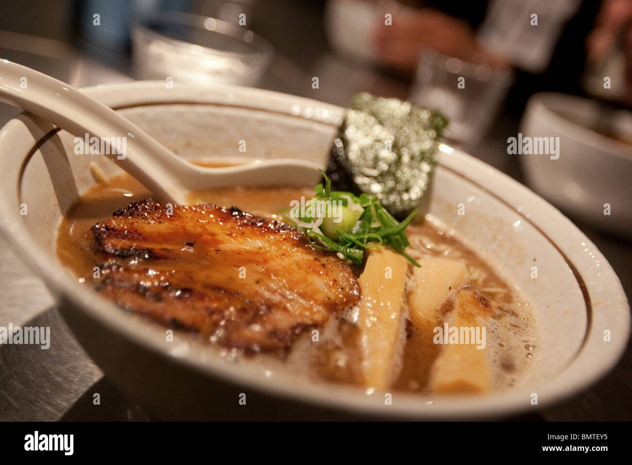 Bowls of ramen noodles in ramen restaurant /bars, in Tokyo, Japan