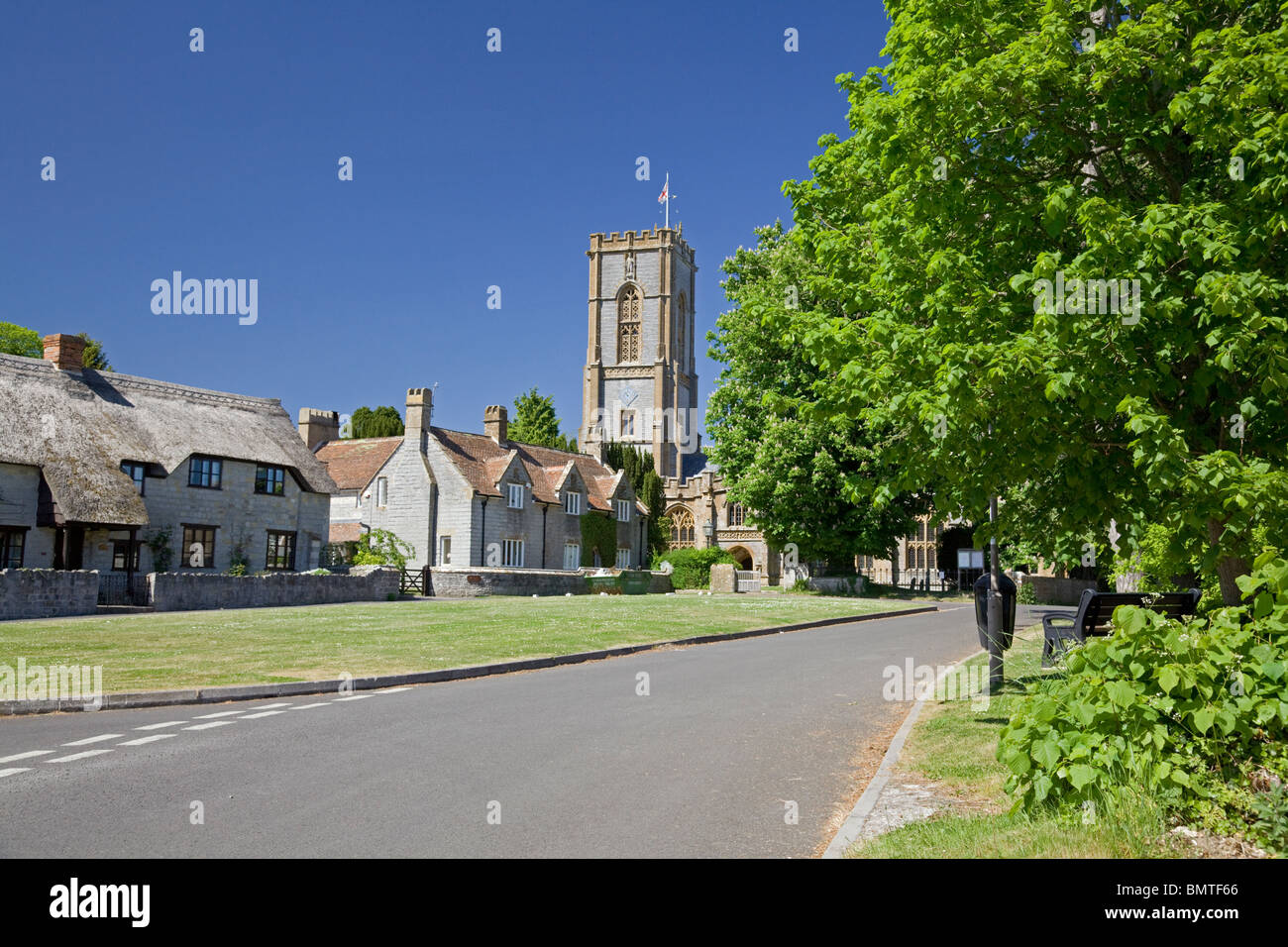 St Andrew's Church and houses alongside the green, Curry Rivel, Somerset Stock Photo