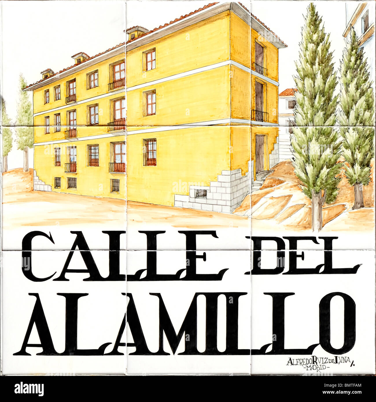 Madrid, Spain. Traditional Tiled Street Sign. Calle del Alamillo Stock Photo