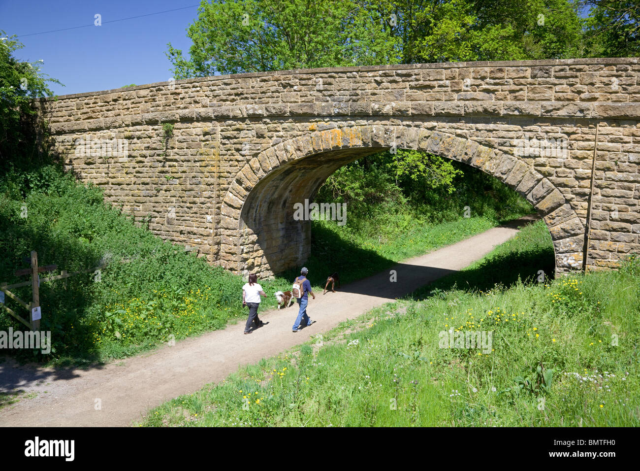 Couple walking dogs on former railway track converted to path, Donyatt, Somerset Stock Photo