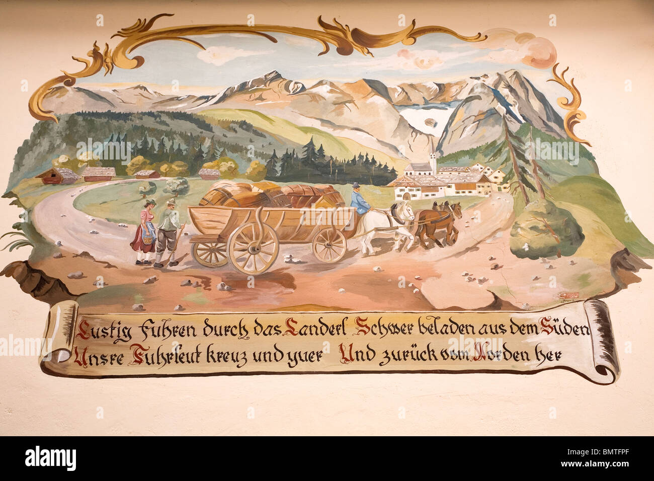 Traditional painting tells the story of the Rottstrasse Trading Route in Garmisch-Partenkirchen, Bavaria, Germany. Stock Photo