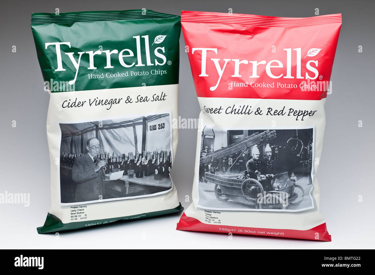 Two 150 bags of Tyrrells hand cooked potato chips crisps Stock Photo
