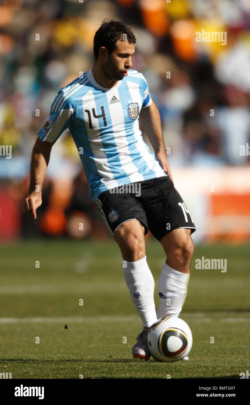 Team captain Javier Mascherano of Argentina passes the ball during a 2010 FIFA World Cup football match against South Korea. Stock Photo