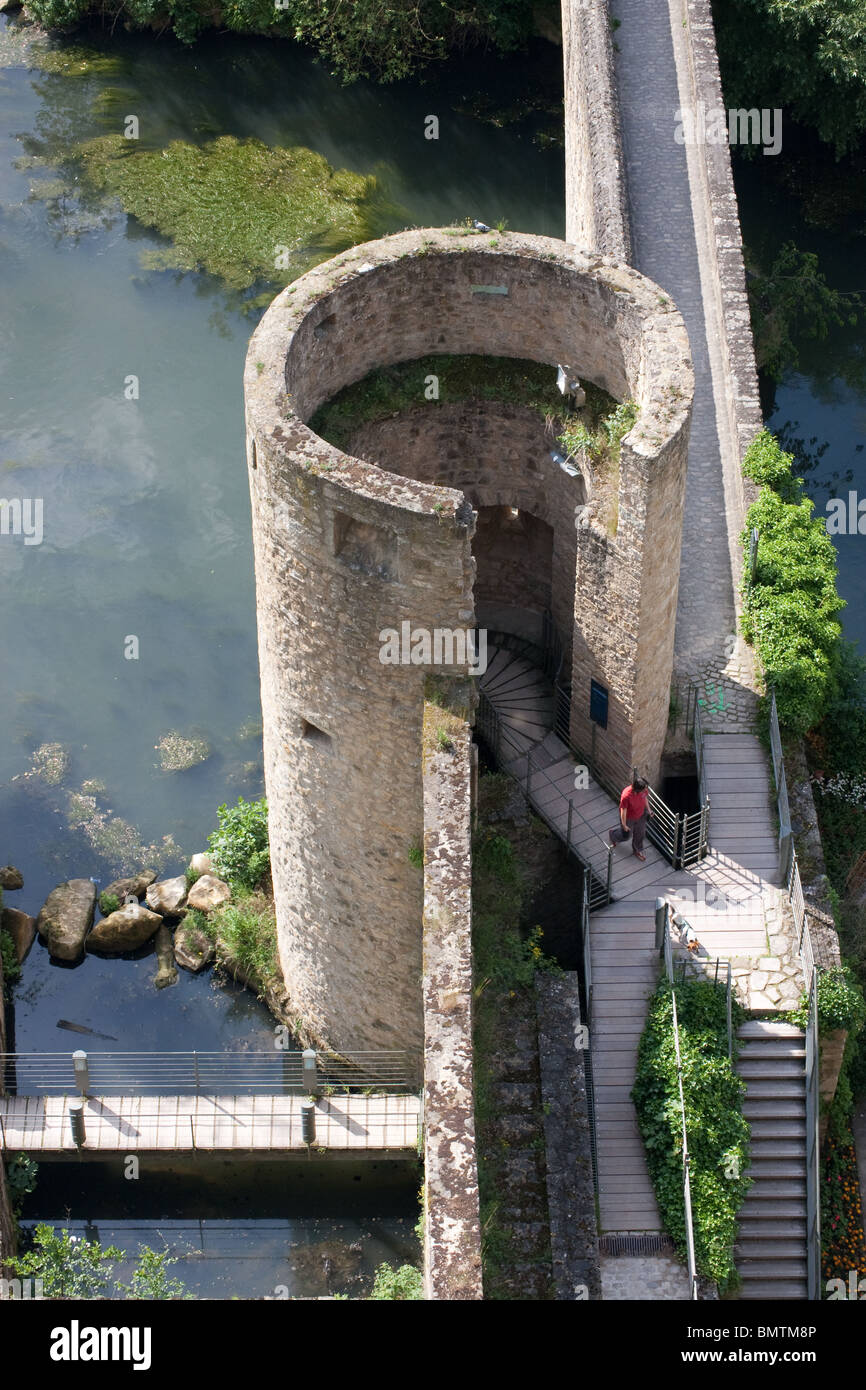 medieval tower restored steps archers slits river Stock Photo