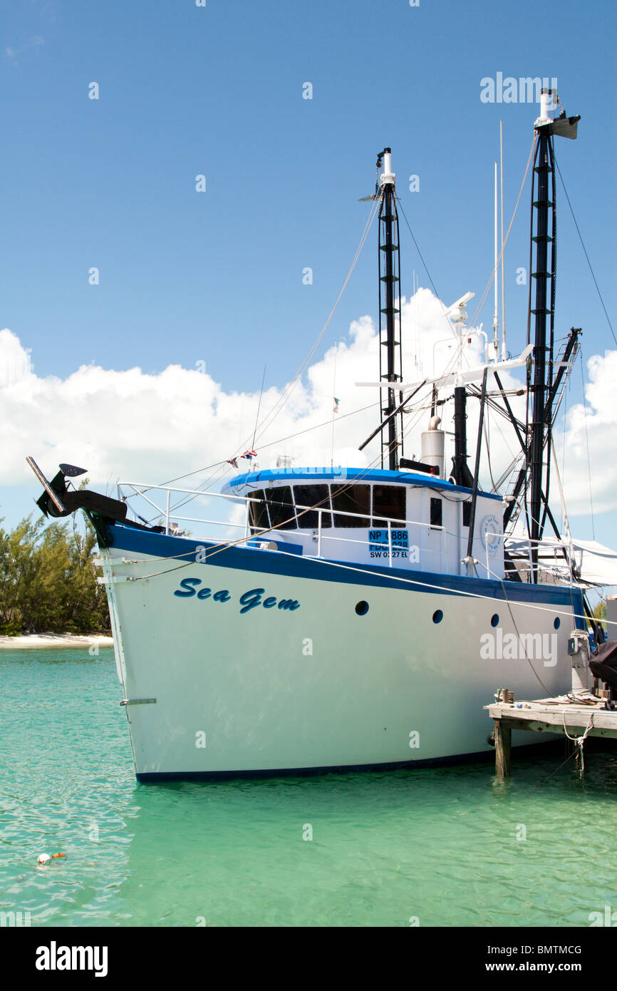 A lobster fishing boat tied up to the dock at Spanish Wells, Bahamas