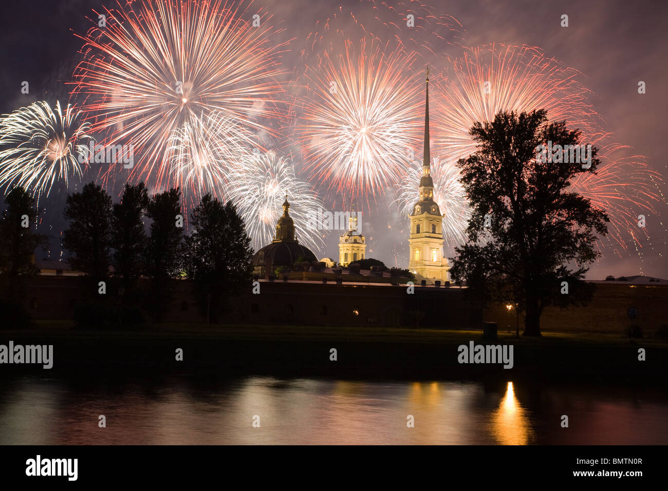Fireworks  The Fortress of St. Peter and Pavel. Holiday graduate schools 'Scarlet sails'. St.Petersburg, Russia. Stock Photo