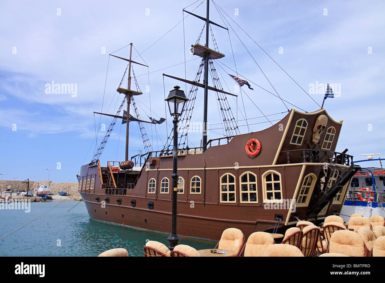 Crete Rethymnon Harbour Pirate Ship Stock Photo