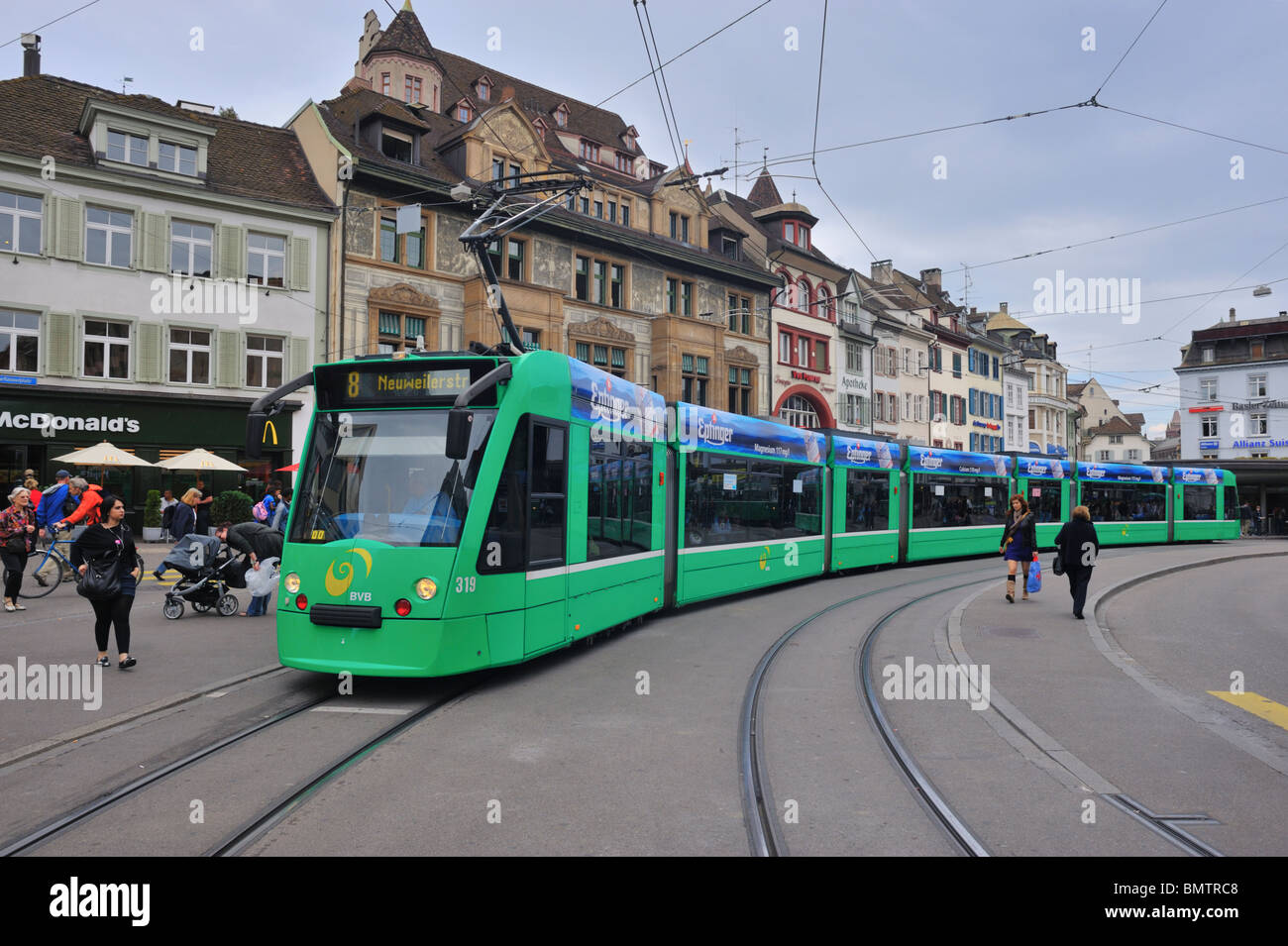 Tram at the Barfuesserplatz  in the city center of Basel Stock Photo