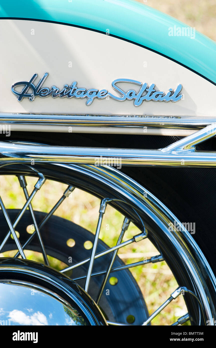 Harley Davidson heritage softail motorcycle, wheel abstract, at a bike show in England Stock Photo