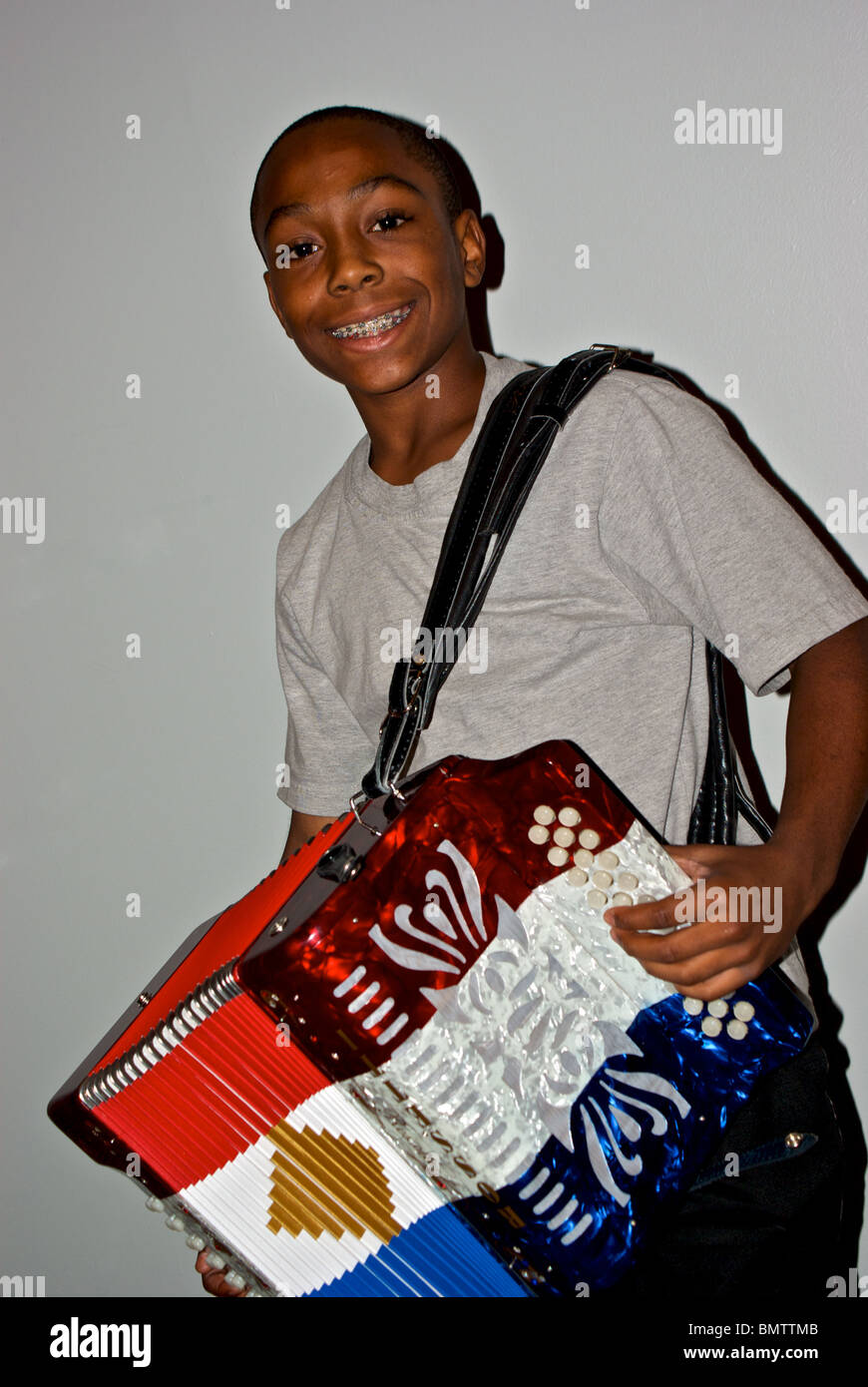 Guyland Ledet acclaimed young left-handed accordion player at Delta Grand Theater Opelousas LA Stock Photo
