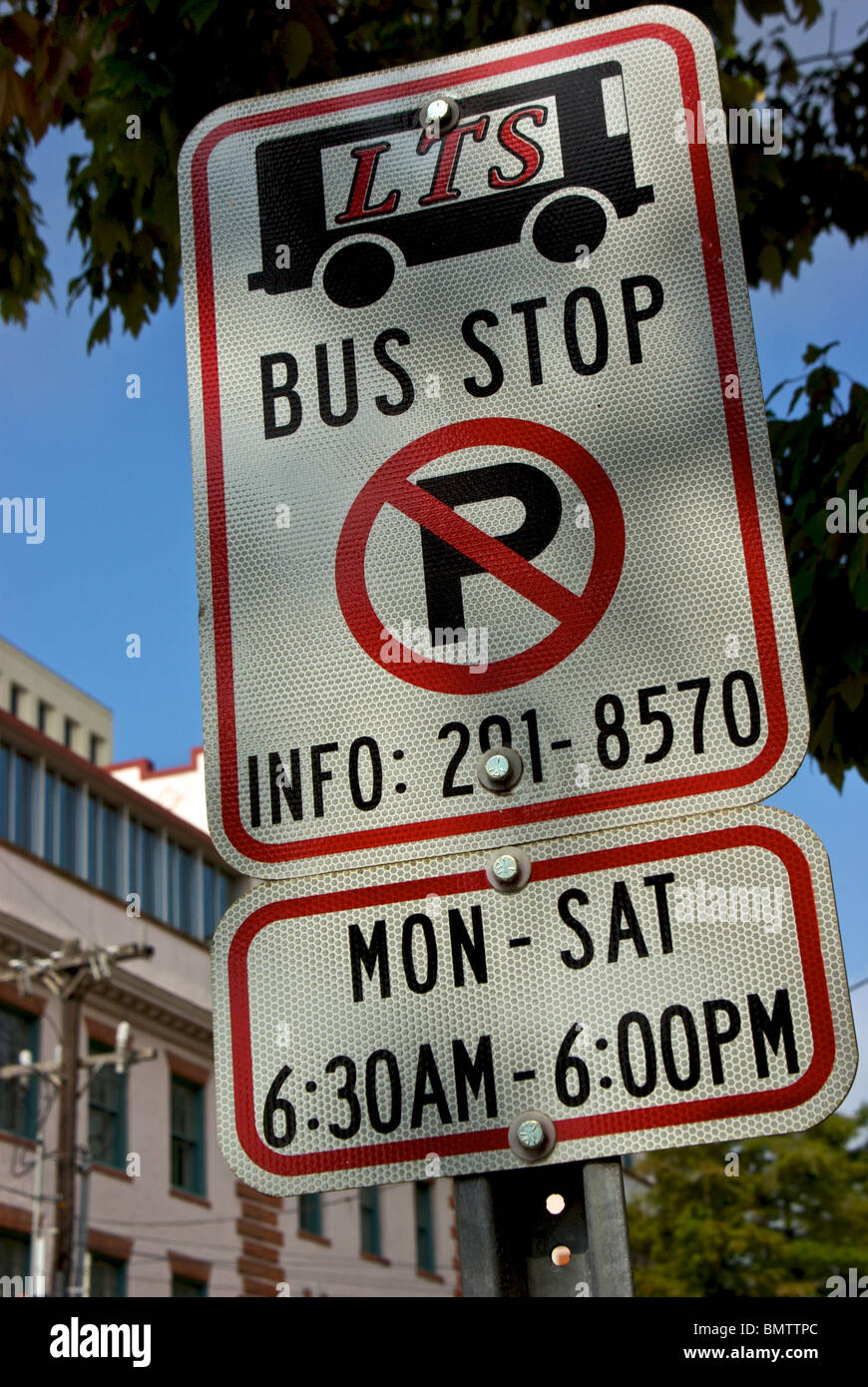 Lafayette Transit System bus stop No Parking sign Stock Photo