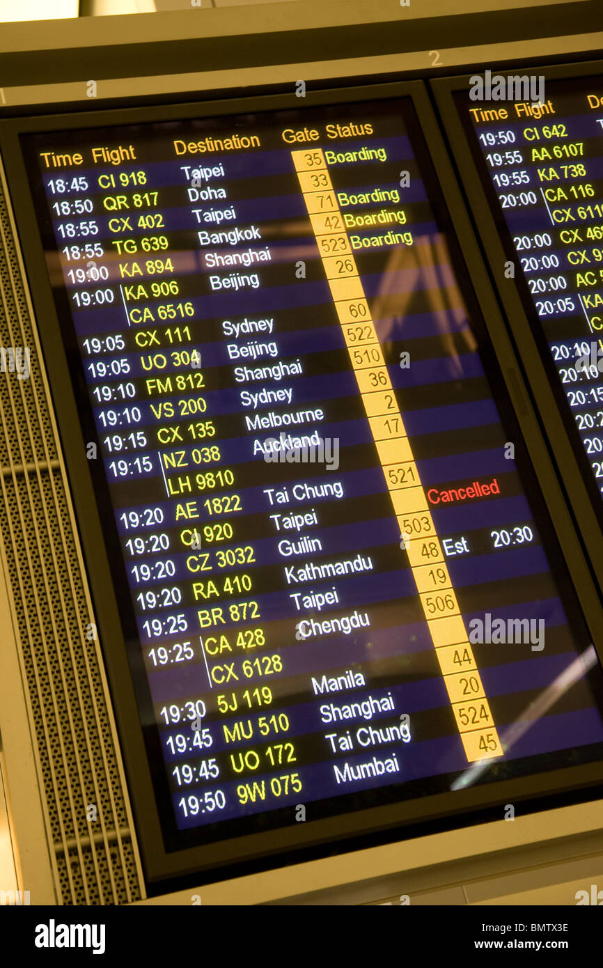 Departures board departure board sign chek lap kok Stock Photo