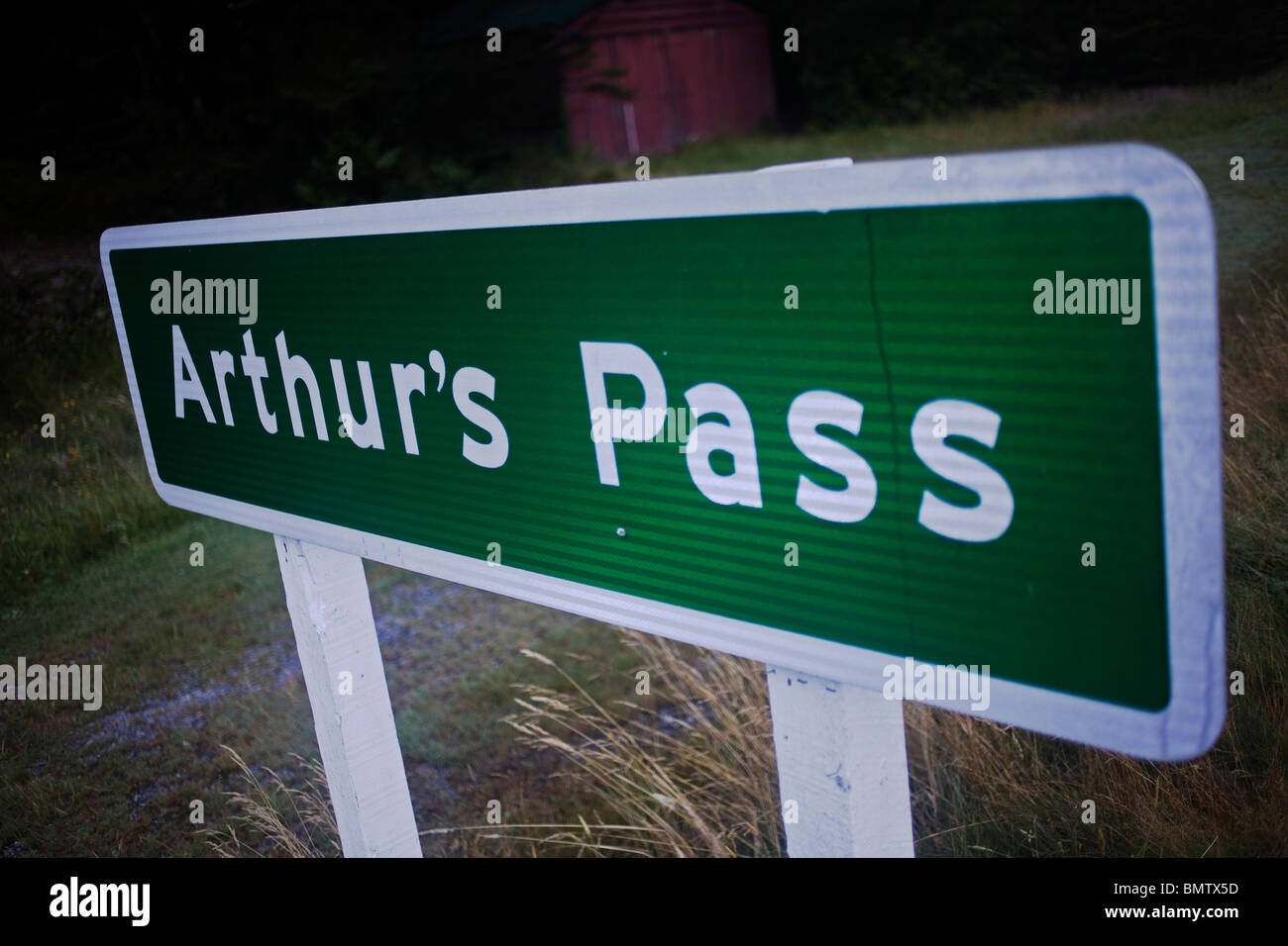 Arthur's Pass road sign, New Zealand. Stock Photo