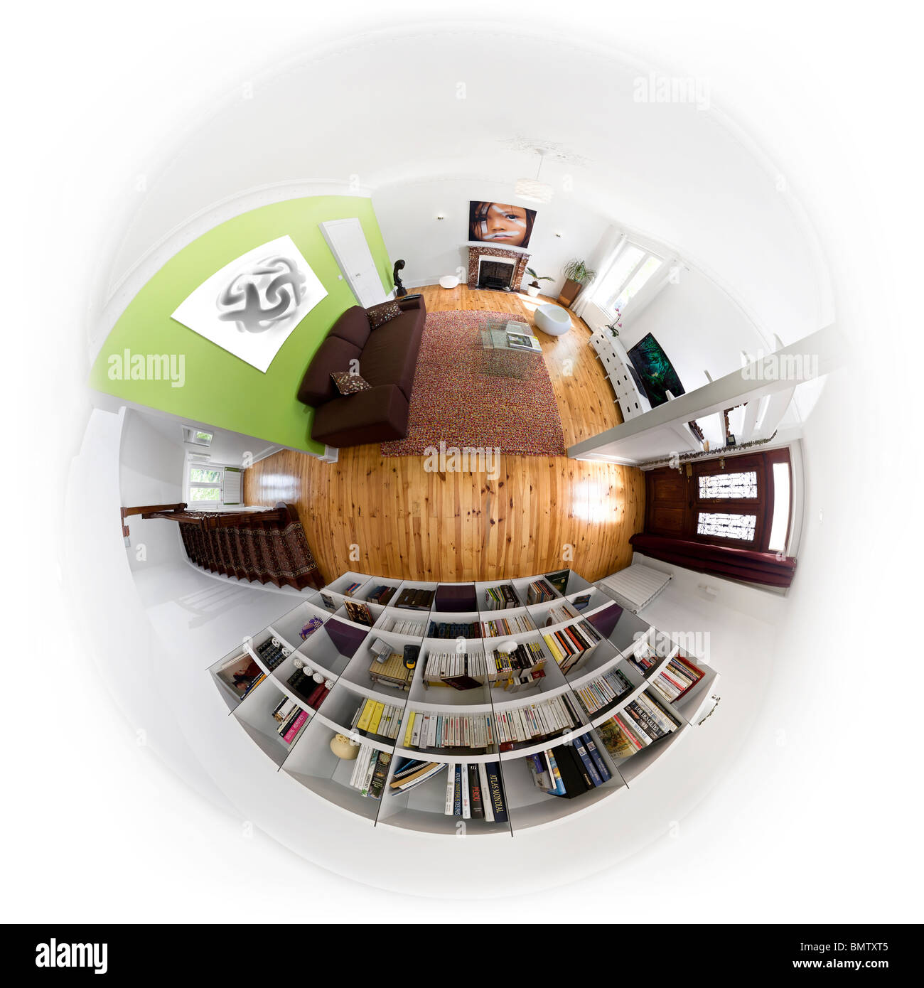 Fisheye (ultra wide angle lens) image of a modern apartment in France. Little planet style. Stock Photo