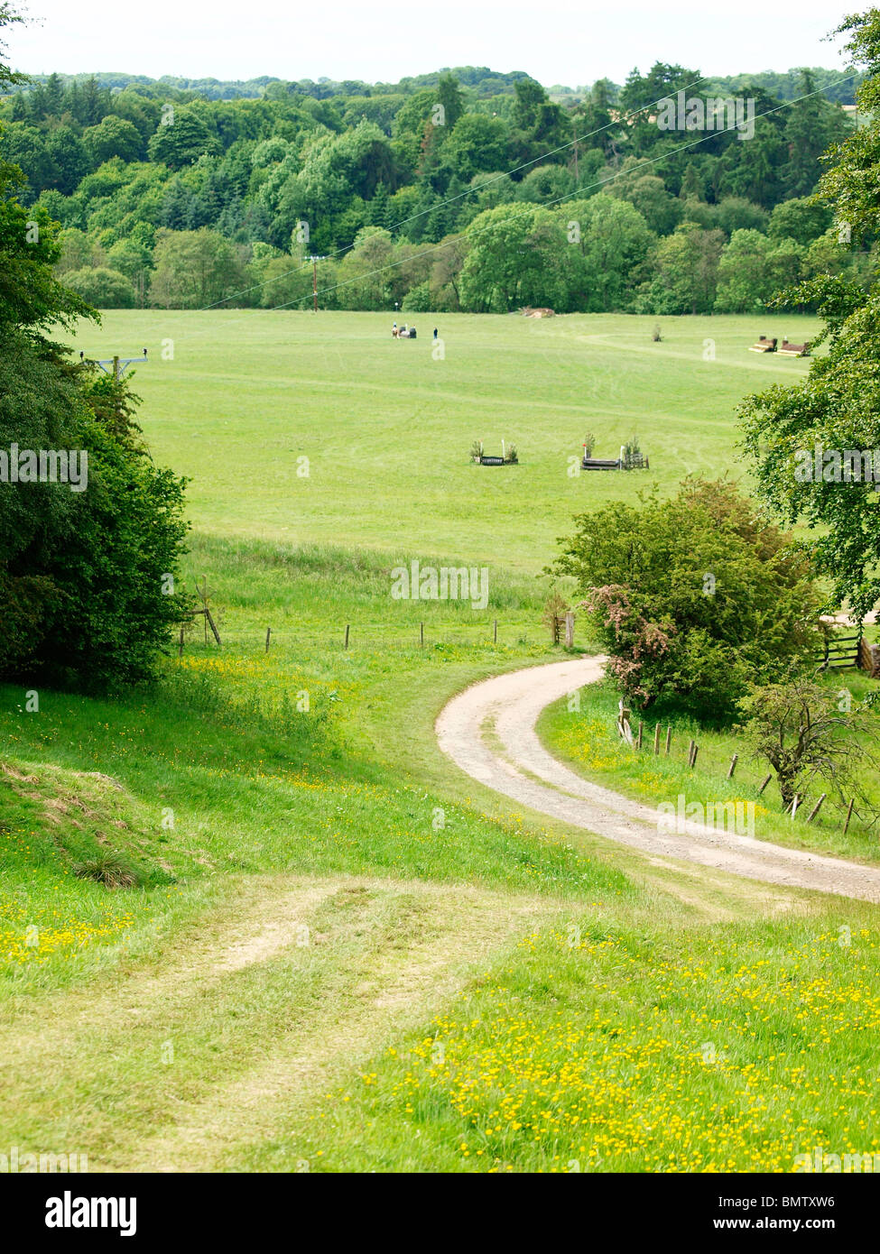 A view over the main field in Linnels equestrian centre where Hexham Horse Trials are being held Stock Photo