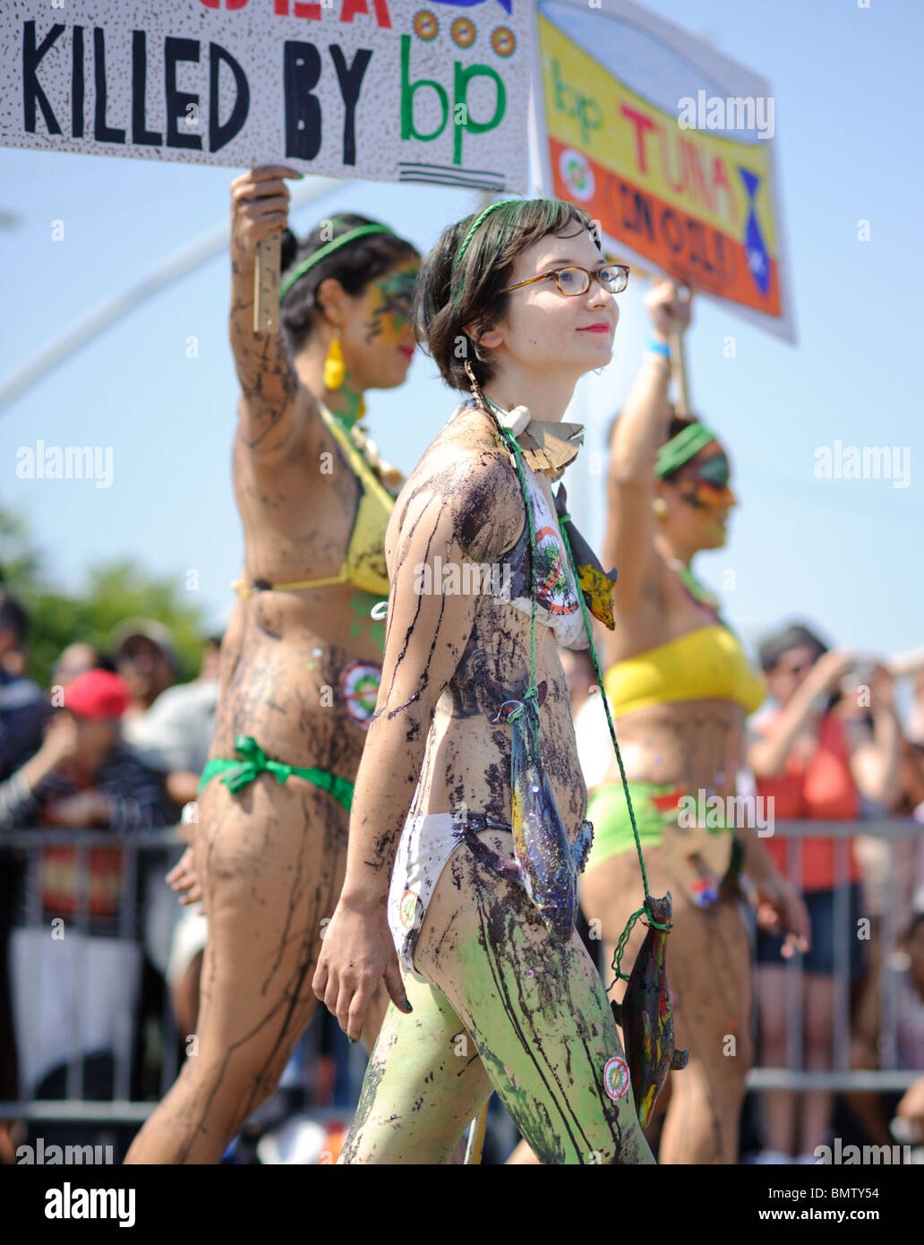 NEW YORK - JUNE 19: Parade participants protest the oil spill at the 2010 Mermaid Parade at Coney Island on June 19 2010. Stock Photo