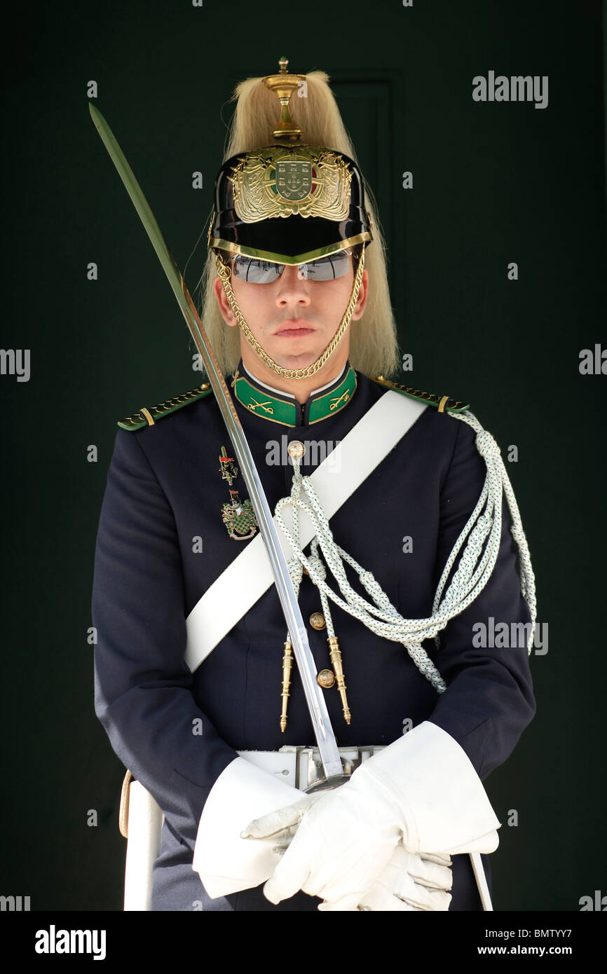 Guard in uniform at the Belem Palace, former royal residence and now occupied by the President of Portugal in Lisbon, Portugal Stock Photo