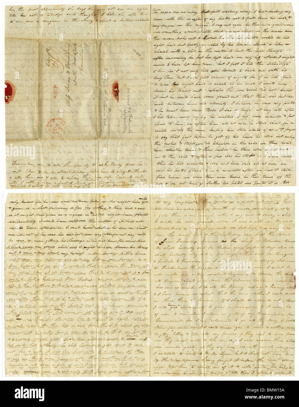 1832 stampless letter written 'on board the U.S. Ship Falmouth, Valparaiso Bay, February 19, 1832.' Stock Photo