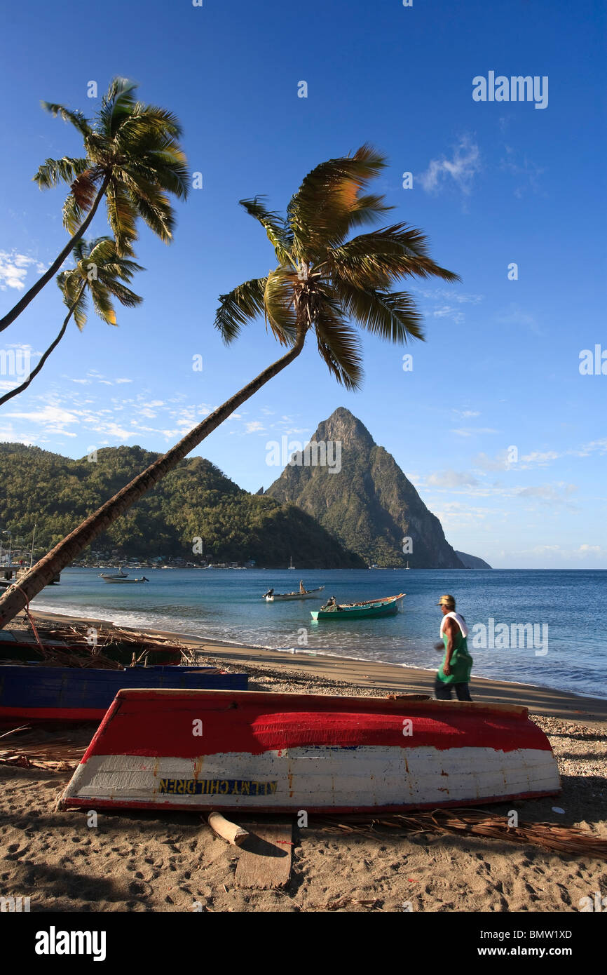 Caribbean, St Lucia, Petit Piton and Soufriere Bay Stock Photo