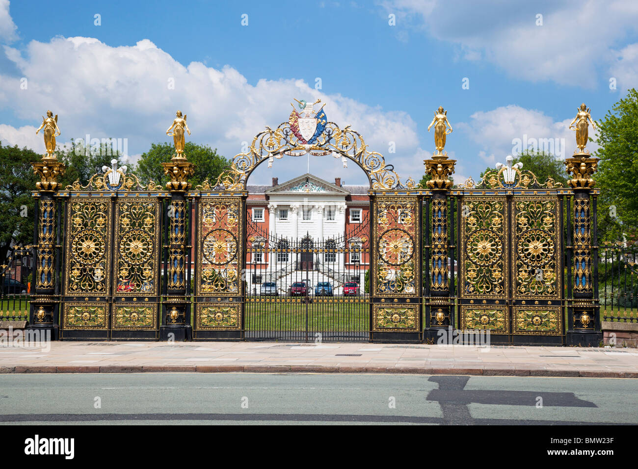 Warrington town hall gates known locally as the Golden Gates. Stock Photo