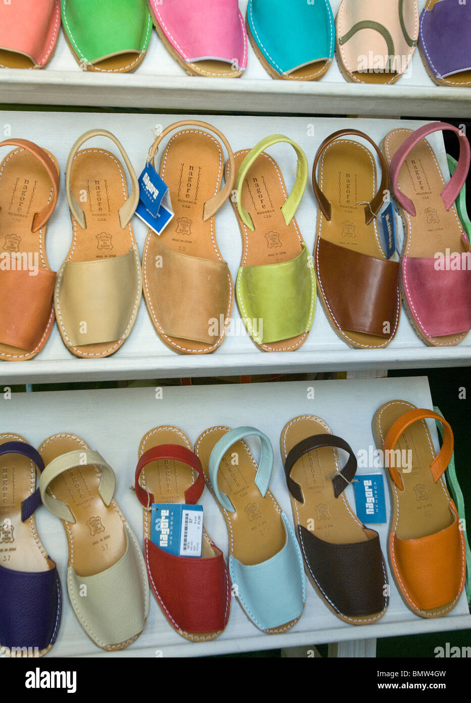 Locally produced Menorquina shoes for sale, Mahon, Menorca, Balearics, Spain Stock Photo