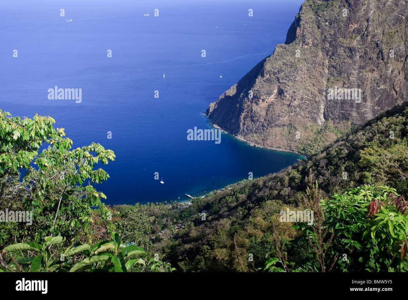 Caribbean, St Lucia, Petit Piton and Anse des Pitons Beach Stock Photo