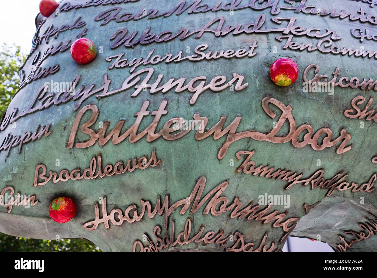 Names of old Somerset cider apples on a modern sculpture by Gordon Young in Somerset England UK EU Stock Photo