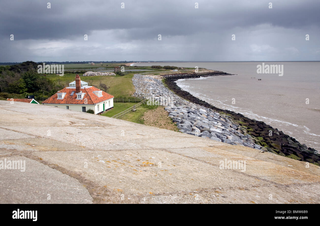 Coastal erosion East Lane Bawdsey Suffolk -view from martello tower Stock Photo